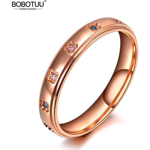 BOBOTUU Original Design Titanium Stainless Steel Wedding Ring Jewelry Rose Gold Mosaic Colorful Crystal Rings For Women BR19150