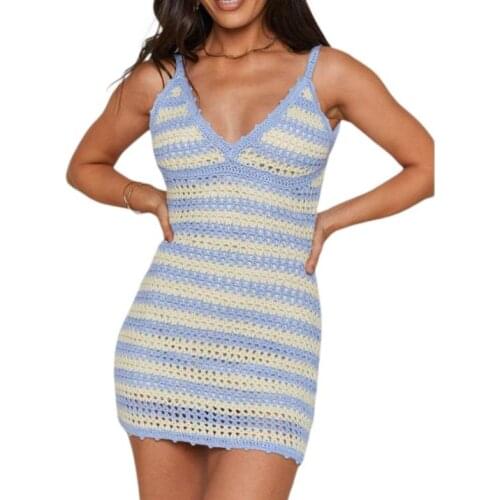 Women Summer Dress, Sleeveless V-Neck Striped Knitting Slimming Summer Midi Purple