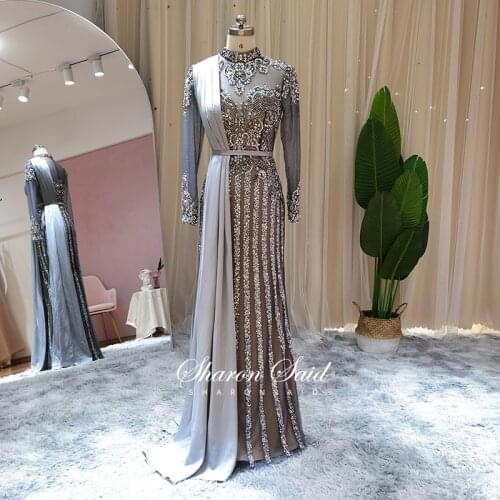 Elegant Gray Muslim Mermaid Evening Dresses Long Sleeve Luxury Dubai Women Formal Prom Dress Plus Size Wedding Party Night Gowns