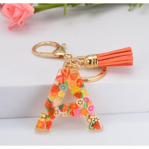 1Pc New Fruit Pieces English Letters Resin Keychain Women Fashion Simplicity Handbag Pendant With Tassel Key Ring Accessories
