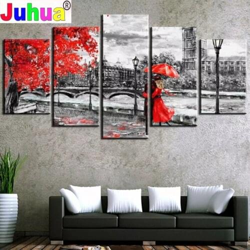5d Diy diamond embroidery 5 Panels London Big Ben Red umbrella Couple diamond painting full square round drill mosaic Puzzle