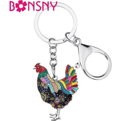 Bonsny Enamel Alloy Floral Chicken Rooster Key chains Key Rings Car Purse Bag Decoration Keychains For Women Girl Gift Accessory