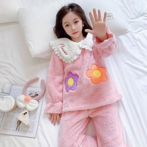Childrens Flannel Pajamas Autumn And Winter Warm Girls Home Wear Clothes Cute Cartoon Pink Baby Girls Sleepwear Kids Clothes