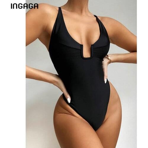 INGAGA Solid Swimsuits One Piece 2021 Push Up Womens Swimwear Ruched Bathing Suits High Cut Bodysuits Cut Out Beach Wear