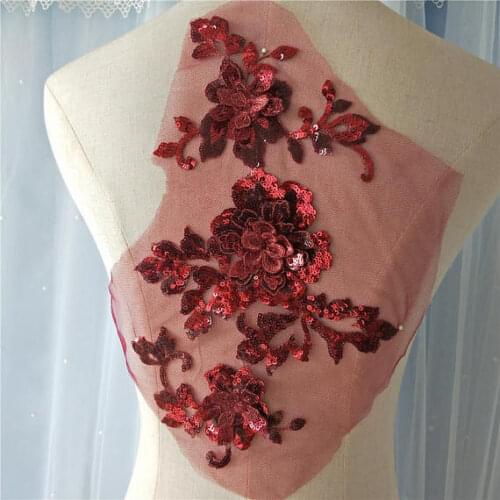 2 PCS Red Lace Applique 3D Sequined Applique 3d Sequin Flower Applique