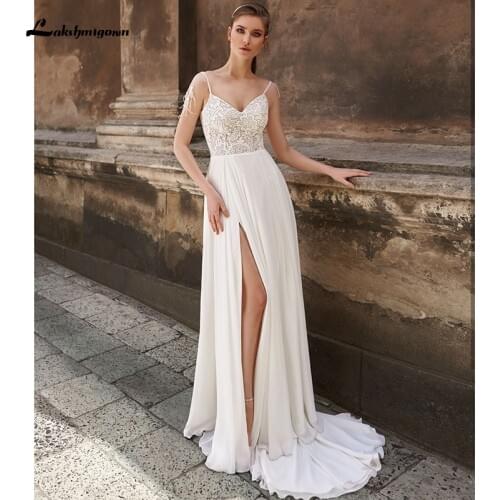 Lakshmigown Bohemian Wedding Dress 20201 A-line Soft Lace And Chiffon Side Slit Spaghetti Strap Boho Cheap Simple Bridal Gowns