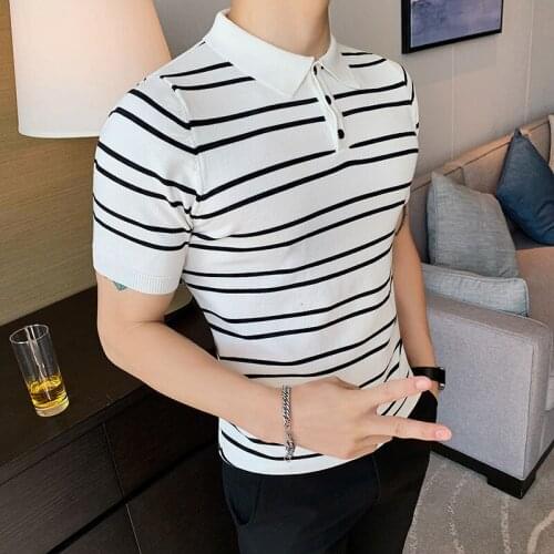 2021 Summer Knitted Polo Shirt Contrast Color Ropa Hombre Mens Short-sleeved Stripe British Slim Lapel Ice Silk Ropa De Hombre
