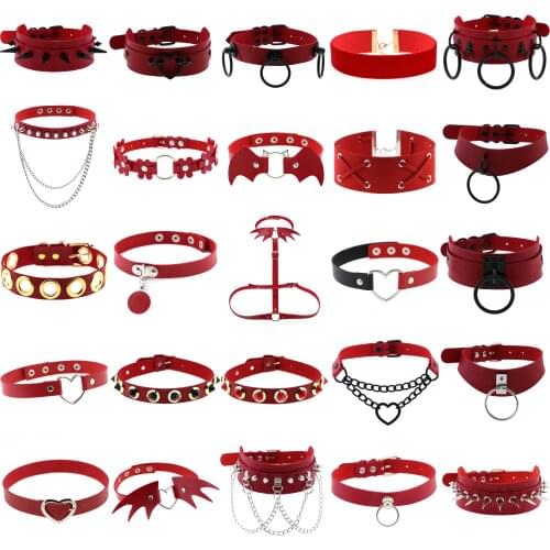 Unusual goth choker necklaces for women Spike cross pendant red PU Leather Collar Necklace Punk sexy gothic Jewelry Accessories