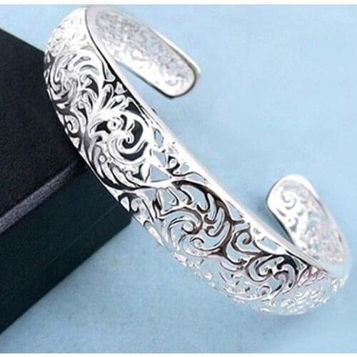 2021 New Fashion Womens Silver Plated Bezel Hollow Cuff Bangle Open Bracelet For Women Luxury Jewelry Accessory Gift