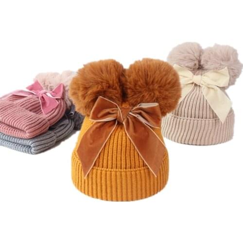 2021 Brand New Newborn Baby Kids Girls Boys Winter Warm Knit Hat Furry Balls Pompom Solid Cute Lovely Beanie Cap Gifts