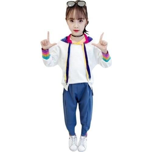 Causal Kids Sports Set Clothing for Girls Cropped Hoodie Sweatpants Set Girls Rainbow Sweatshirt & Long Pants Sets Sport Wear