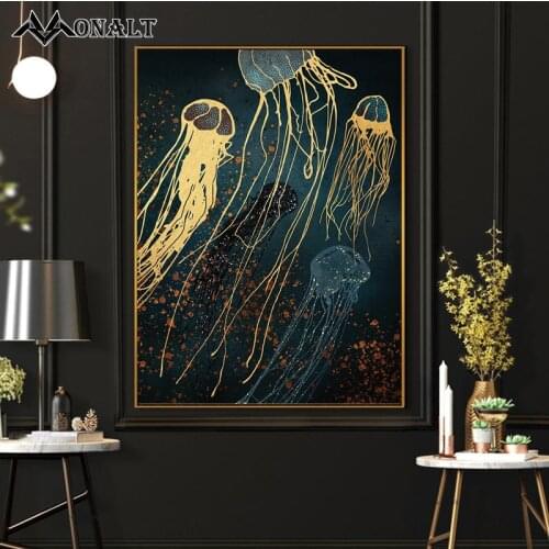 Luxury Golden Jellyfish Whale Octopus Wall Art Canvas Painting Abstract Ocean Animal Fish Living Room Decoration Wall Pictures