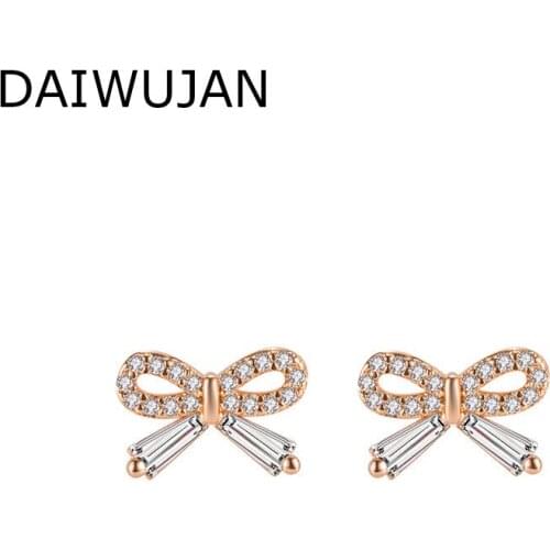 DAIWUJAN Romantic Rose Gold Bowknot Stud Earrings For Women Girls Korean Sweet Shiny CZ Zircon Earring Female 925 Silver Jewelry