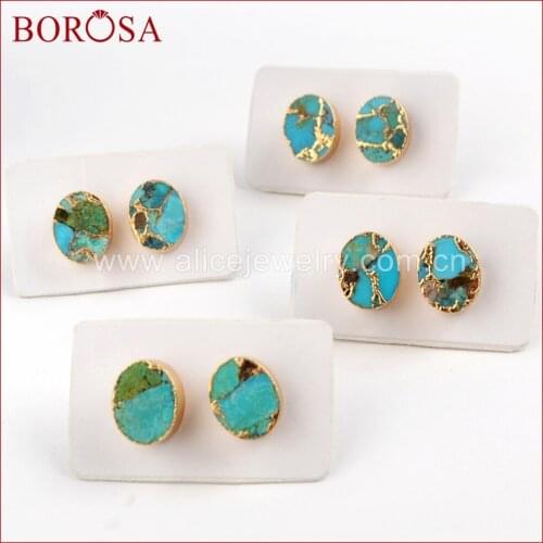 BOROSA Retro Oval Natural Turquoises Stud Earrings High Quality Blue Stone Earrings for Women Ethnic Jewelry G1546