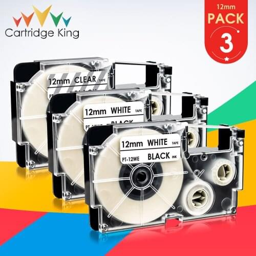 XR-12WE XR-12X 3PK 1/2" 12mm Label Tape for Casio XR12X XR12WE Black on White Clear Compatible for Casio KL-60 KL-120 LabelMaker