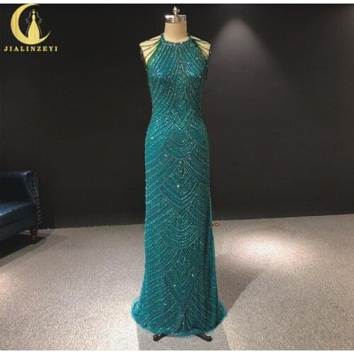 Rhine real Halter Green Full Luxurious Beads Crystal Sexy formal dresses arabic evening dresses long evening dresses