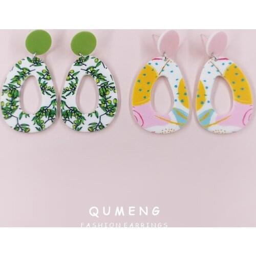 2021 Unique Design Spring Summer Colorful Plant Wave Point Printing Acrylic Geometric Earrings Lady Hawaiian Jewelry Wholesale