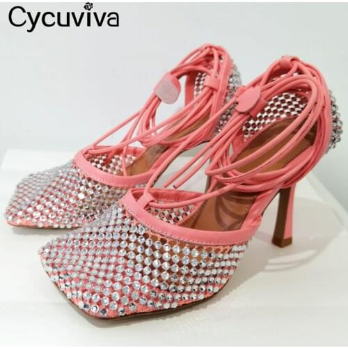 Pink Net Mesh Rhinestone Women Sandals Crystal High Heel Shoes Woman Ankle Strap Summer Wedding Party Shoes Sandalias mujer 2021
