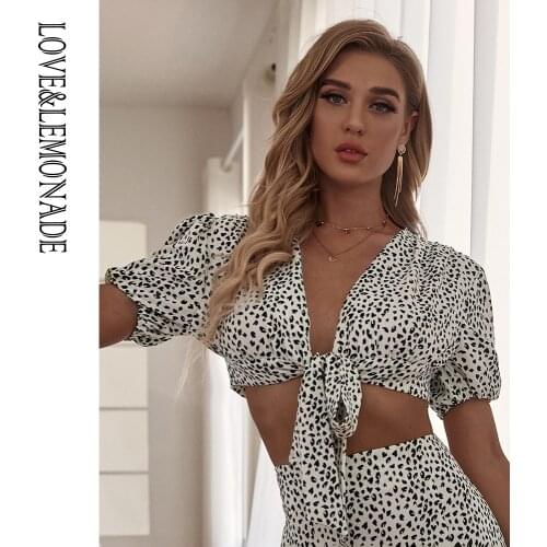LOVE&LEMONADE Sexy Cross Straps White Dots Print Bubble Short Sleeve Top LM83162-4T