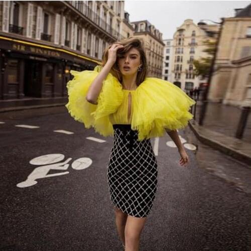 Extra Puffy Yellow Tulle Top Women Custom Made Tops Chic Lush 3/4 Sleeves Ladies Blouses Shirt Party Wear Formal Occasion Top