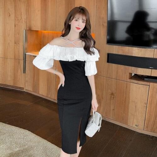 Womens Summer New Black Dress Pearls Strap Cross One Word Neck Puff Sleeve Slimming Split Dress Mid-length Knee-length Dress