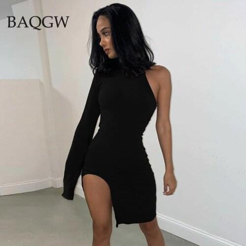BaQGW Solid Women Mini Dress One Shoulder Long Sleeve Turtleneck Bodycon Slit Sexy Streetwear Party Elegant 2020 Autumn Winter