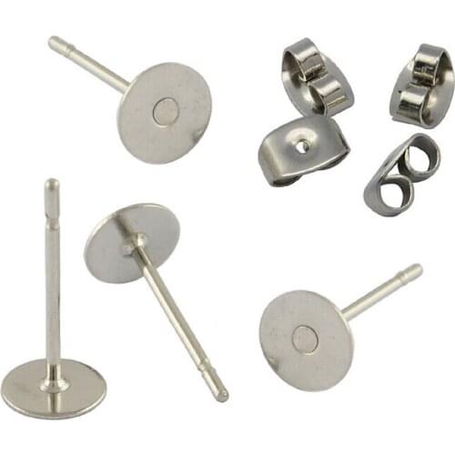 100sets/lot Rhodium Earring Stud Ear Nail Iron + earring back Flat Base Cup Posts Earring Findings for DIY Jewelry