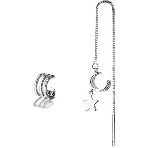 2Pcs/Set Ear Cuff Sliver Color Asymmetric Star Long Non-Piercing Ear Clips Fake Cartilage Earring Jewelry For Women Men