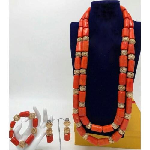 26inches Double Layeres Original Coral Beads Necklace Nigerian Wedding Beads Jewelry Set Women Coral Costume Necklace Set NCL730