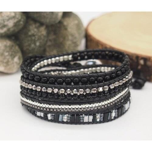 5Layers Black Mix Geometric Beads Wrap Bracelets Natural Stone Hematite Crystal Jewelry Bracelet for Men Women Gift Boyfriend