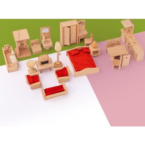 Kid Wooden Furniture Dolls House Miniature Room Set Bedroom/Kitchen/Bathroom/Dinning/Living Room