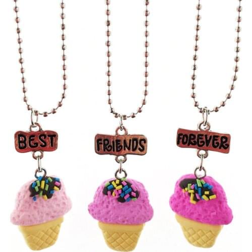 Children Best Friend Necklace Pink Ice Cream Cake Pendant BFF 3 Necklace Friendship Jewelry Gifts For Kids 10 Set