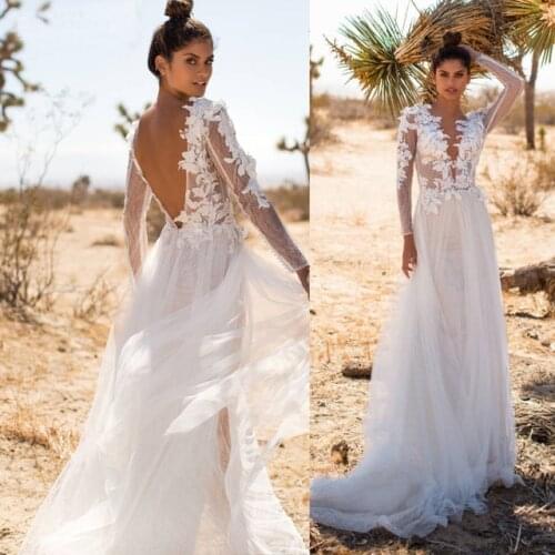 Long Sleeve A Line Wedding Dresses Long Lace Appliques Boho Backless Bride Dress Custom Made Sweep Train Vestido De Noiva