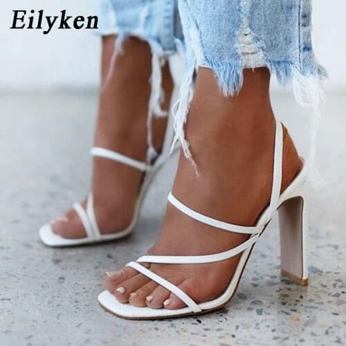 Eilyken 2021 Fashion Women Elastic Band Sandals Square High Heels Summer Ladies Open Toes Slippers Fashion Party Female Shoes