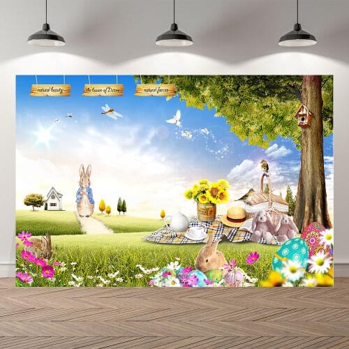 Seekpro Backdrop for Easter Holiday Party Bunny Rabbit Meadow Field Eggs Flowers Spring Background Decorations Printed Backdrops