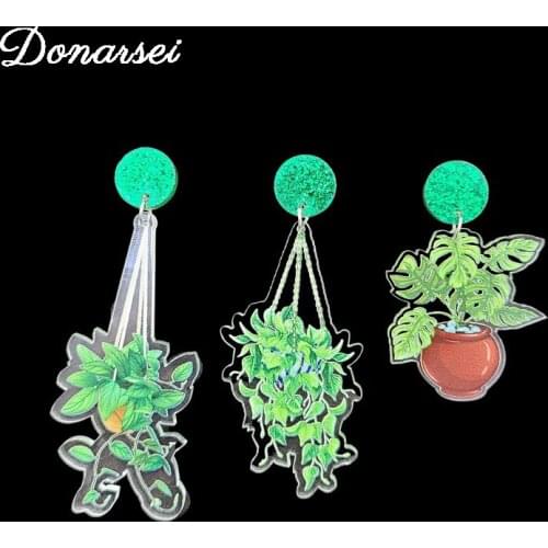 Creative Print Turtle Leaf Green Potted Plant Drop Earrings For Women Funny Hanging Basket Dangle Earrings Novelty Jewelry