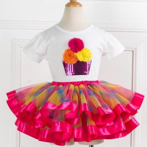Summer Girls Tutu Dress T-shirt+Dress 2pcs Set Kids Princess Pettiskirt Party Dance Dress Birthday Party Rainbow Cake Dresses
