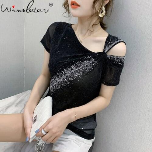 Summer Korean Style T-Shirt Fashion Sexy Shiny Irregularity Mesh Shiny Diamonds Women Tops Bottoming Shirt Tees New 2021 T14712A