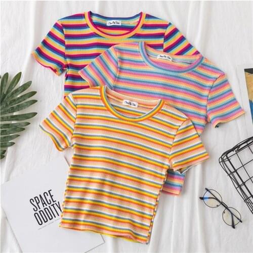 Summer Slim-fit T-shirt Ladies Short Section Harajuku Stripe Naked Belly Button Sexy Tops Fashion Wild Female T-shirt