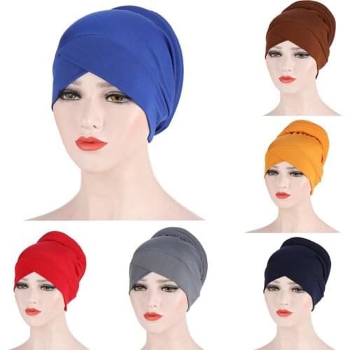 Muslim Women Silky Cross Cotton Silky Sponge Turban Hat Cancer Chemo Beanies Cap Headwear Wrap Plated Hair Accessories