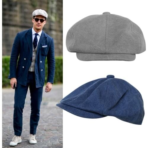 Mens Newsboy Caps Cotton Spring Autumn Octagonal Hat Male High Quality Dark Blue Flat Cap Solid Vintage Painter Hat BLM113