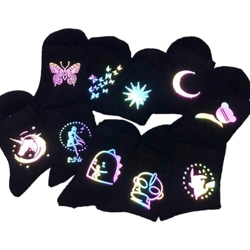 Japan Harajuku Night Reflection Light Socks Funny Cartoon Socks Fashion Cute Socks Street Style Hip-hop Skateboard Cotton Socks