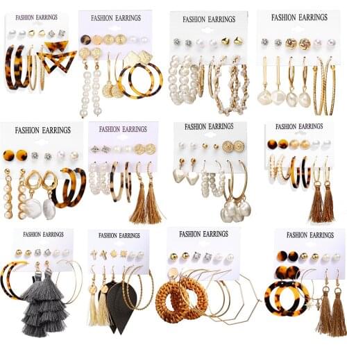 New Fashion 6-Piece Tassel Pearl Earring Set Geometirc Gold Circle Hoop Metal Earrings For Romantic Women Popular Jewelry Gift