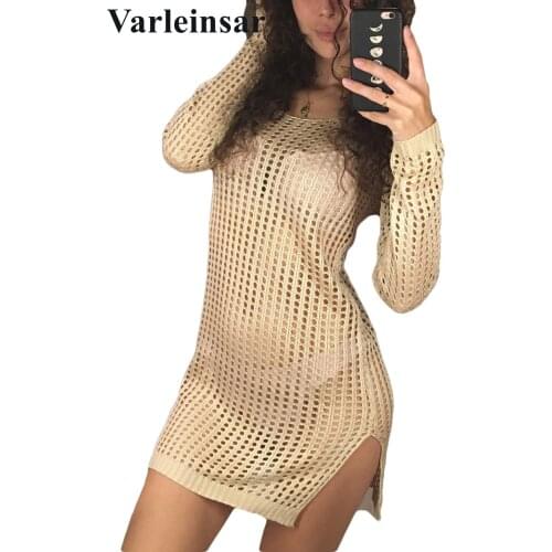 2020 Sheer See Through Sexy Knitted Crochet Tunic Beach Cover Up Cover-ups Beach Dress Beach Wear Beachwear Female Women V96
