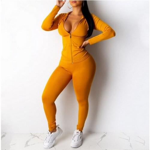 2020 Autumn Women 2Pcs Set Solid Color V-neck Hooded Long Sleeve Zipper Tops Long Legging Tight Pants Outfit Tracksuit Wholesale