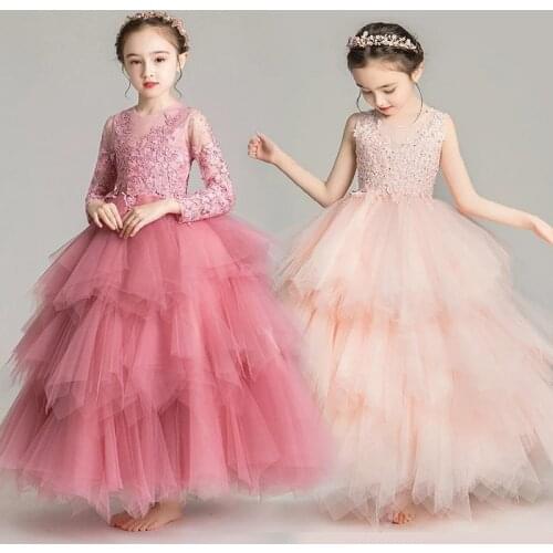 First Communion Elegant Formal Dress Flower Girls Wedding Evening Clothes lace Kids Dresses for Girls Clothing Party Long Gown