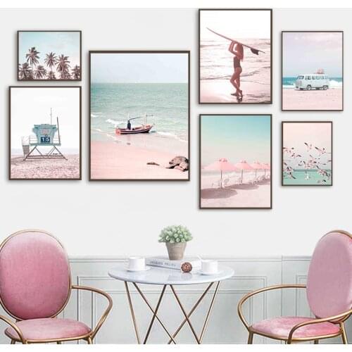 Beach Coconut Tree Seagull Surfboard Car Wall Art Canvas Painting Nordic Posters And Prints Wall Pictures For Living Room Decor