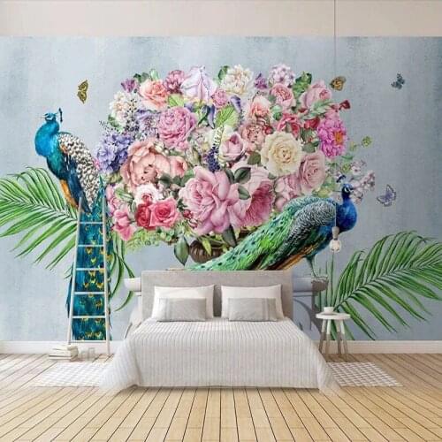 Custom Photo Wallpaper Modern Retro 3D Peacock Flower Plant Mural Living Room TV Sofa Background Wall Painting Papel De Parede