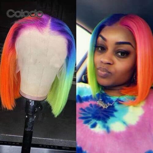 Rainbow Red Colored Highlight Wig Human Hair Brazilian Remy Lace Closure Wig Ombre Short Bob Lace Front Wigs For Women