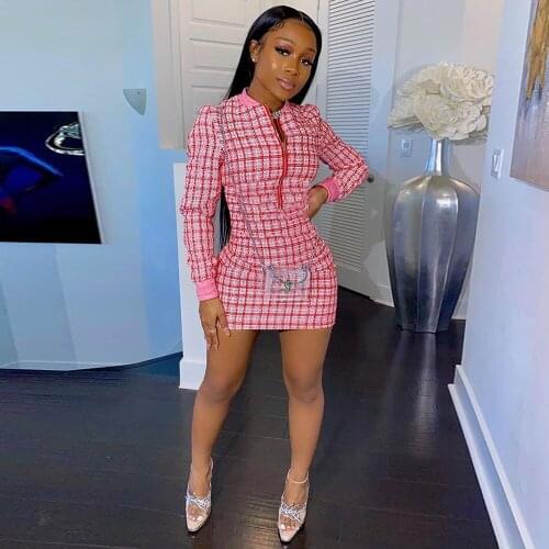 Chic Plaid Patchwork Women Bodycon Dress Vintage Zipper Front Long Sleeve Party Dresses Elegance Ladies Body-shaping Vestidos